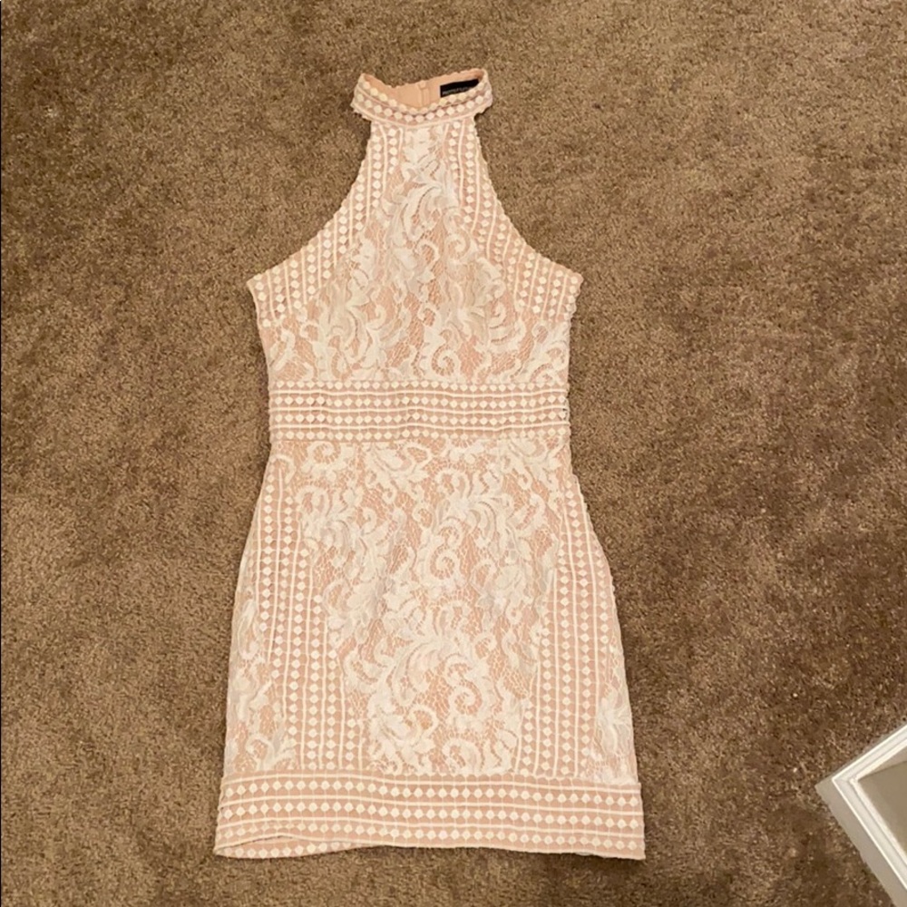 PrettyLittleThing White/Nude Halter top Lace Dress